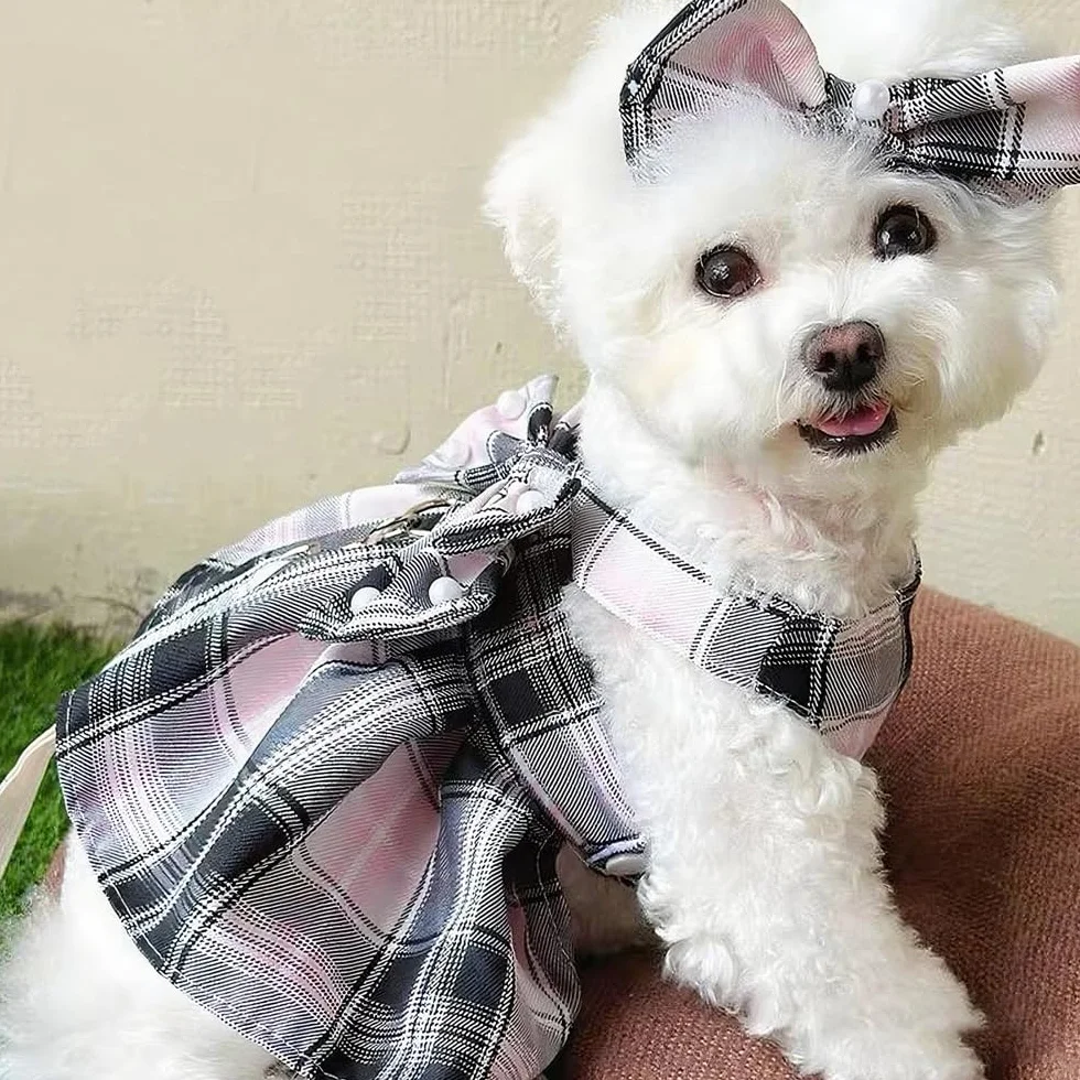 Robe pour Chien Tartan Rose Noir Noeud Papillon Vêtement Canin Respirant Mariage Cérémonies M