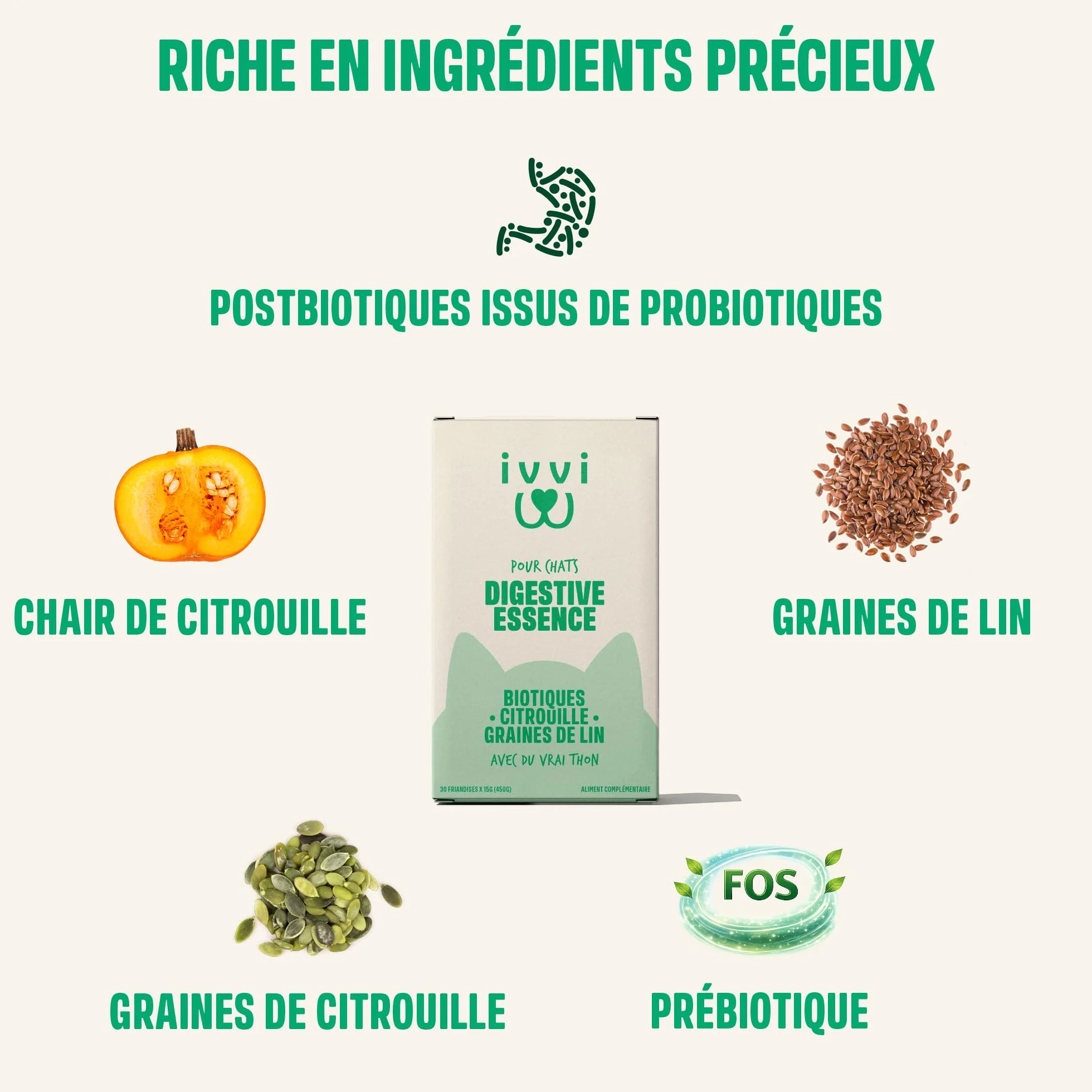 ivvi Essence Digestion pour Chats – 30 Snacks crémeux Thon courge graines de Lin postbiotique – Flore intestinale – 450 g