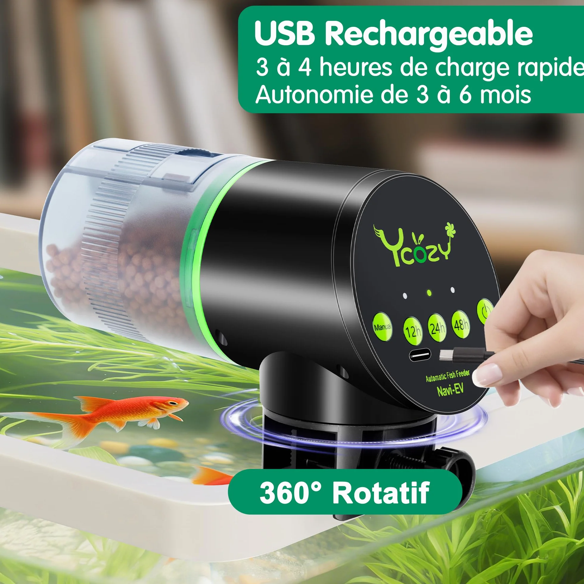 Ycozy Aquarium Distributeur Automatique Poisson Rechargeable Type-C Navi-EV