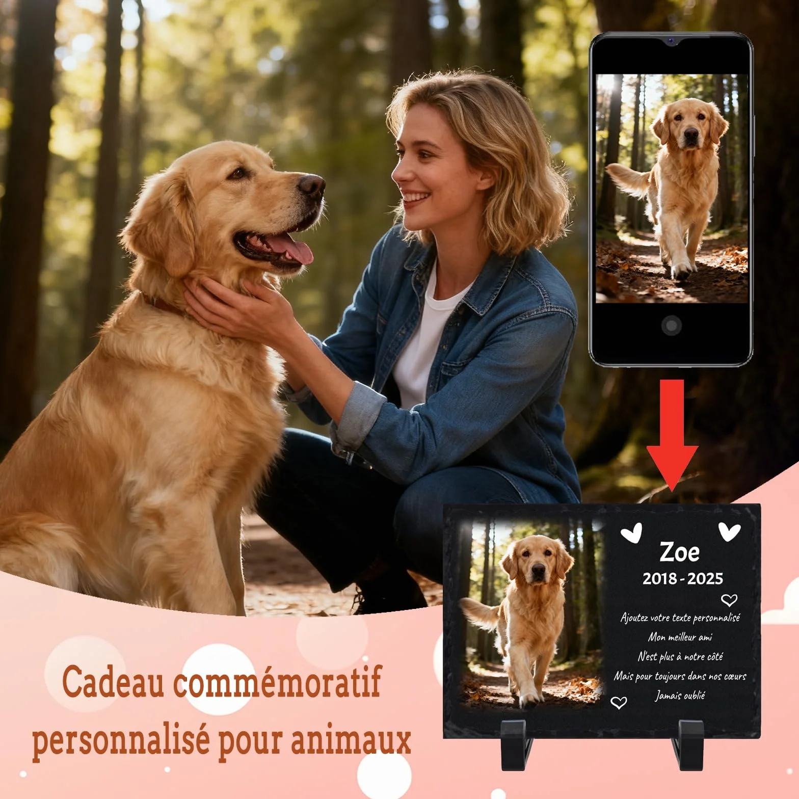Plaque Commémorative Personnalisée pour Chien, Cadre Photo Souvenir avec Texte