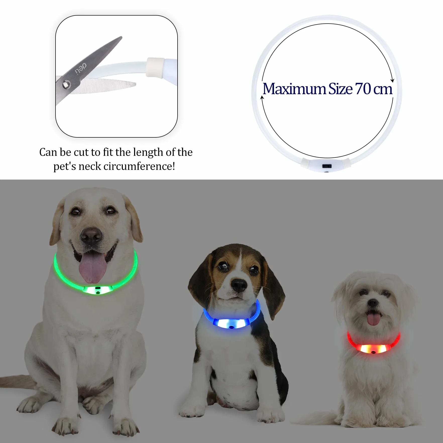 Coolzon Collier Lumineux LED Rechargeable 3 Couleurs Imperméable Ajustable pour Chien Chat