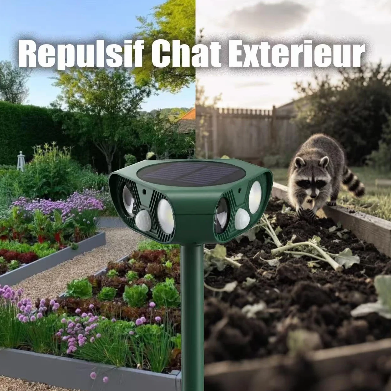 Repulsif Chat Exterieur 360° Ultrason IP65 Imperméable avec Flash LED Détecteur PIR Anti Chat Chiens