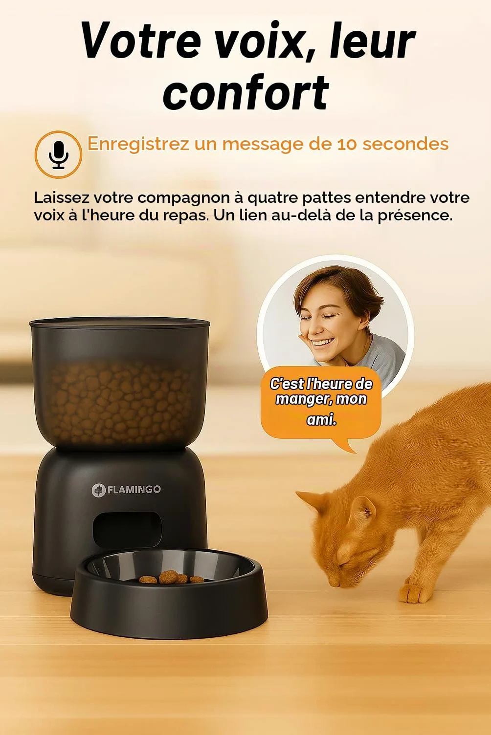 Distributeur croquettes Chat Automatique - Distributeur croquettes Chien - 3L programmable avec minuterie et Message Vocal - Flamingo Distributeur de Nourriture Blido Noir