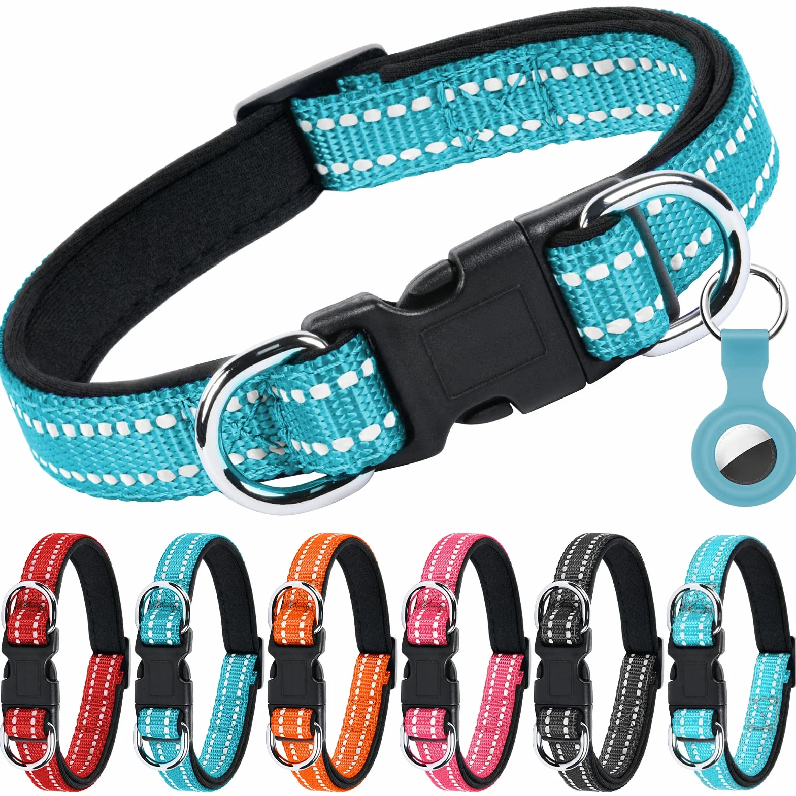 Collier pour Chien Réfléchissant Réglable Nylon avec Étui AirTag pour Petits Chiens, Bleu-S