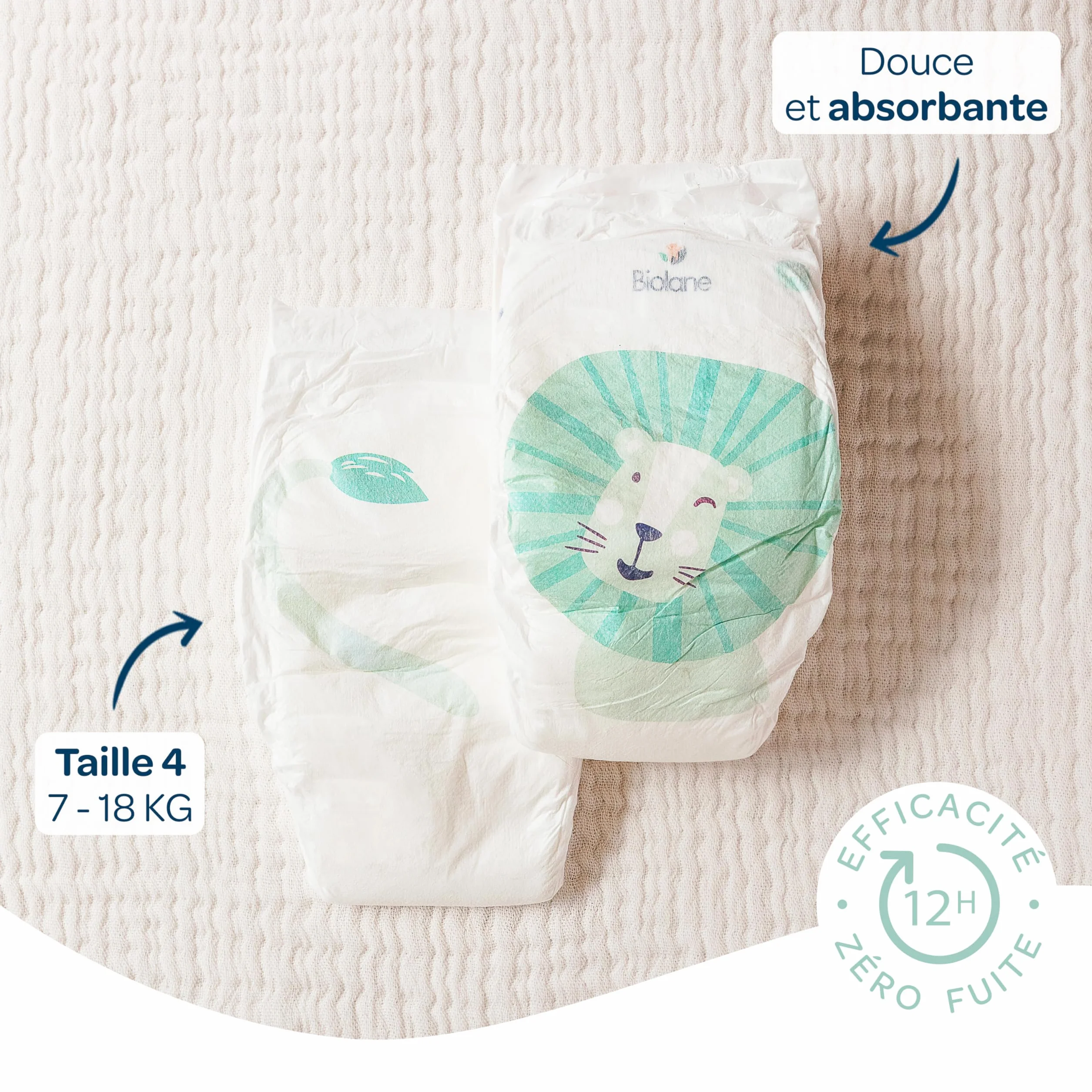 BIOLANE Couches Bébé Taille 4 (7-18 kg) Peaux Sensibles Ultra-Absorbant Pack 144 Couches Fabriqué en France