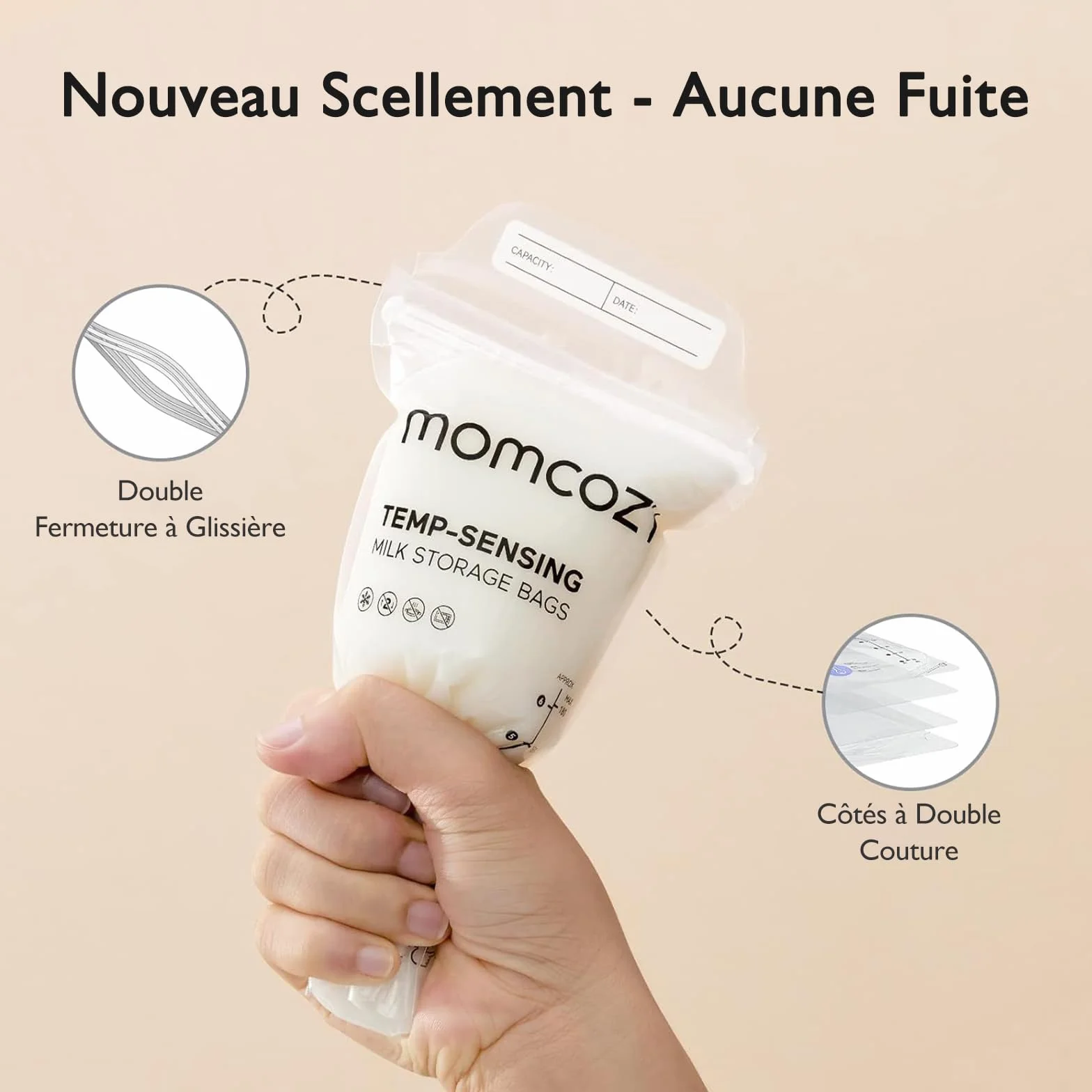 Momcozy Sachets de Congélation Lait Maternel 180mL Lot de 120 Poches Stériles Double Fermeture Étanche