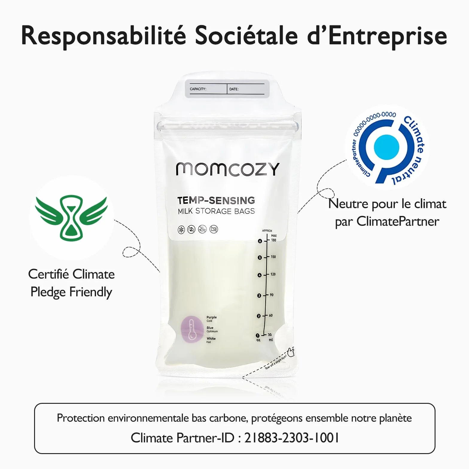 Momcozy Sachets de Congélation Lait Maternel 180mL Lot de 120 Poches Stériles Double Fermeture Étanche