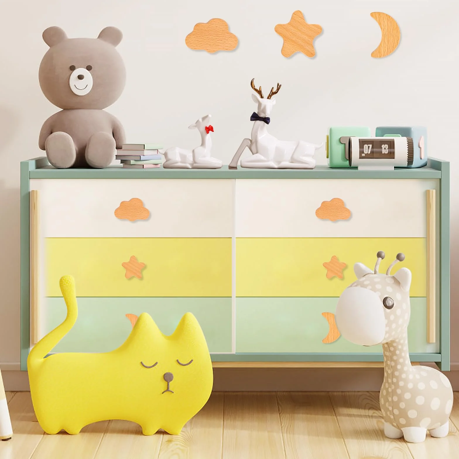 Lot de 6 boutons d'armoire en bois pour chambre d'enfant - Étoiles, lune, nuages - Poignées en bois