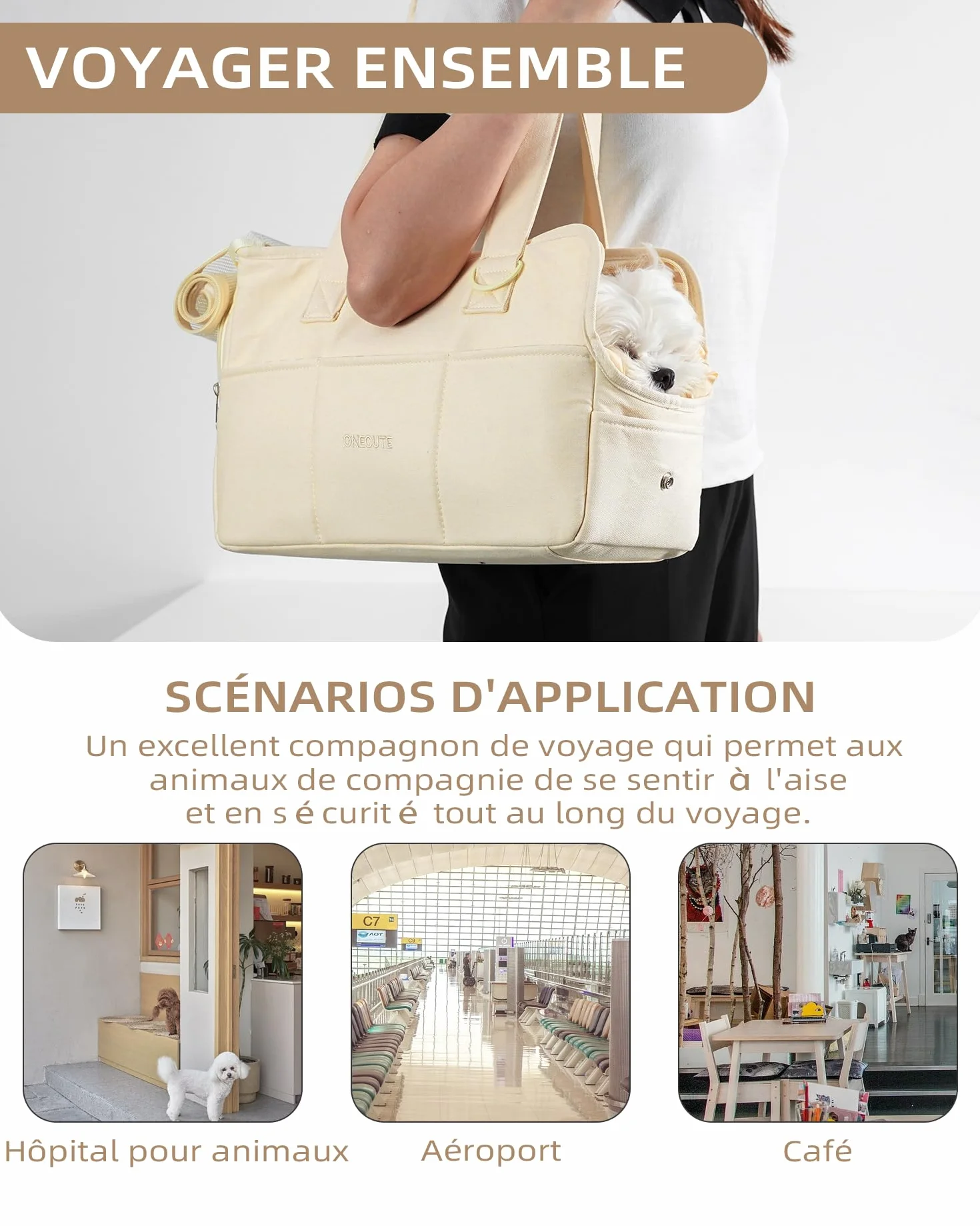 ONECUTE Sac de Transport pour Chat Chien Respirant Pliable Voyage jusqu'à 3 kg Beige