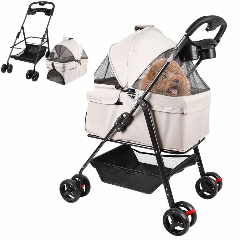 Poussette pour chien chat 3 en 1 nacelle amovible caisse transport pliable tissu 600D Oxford roues 360° fenêtre filet