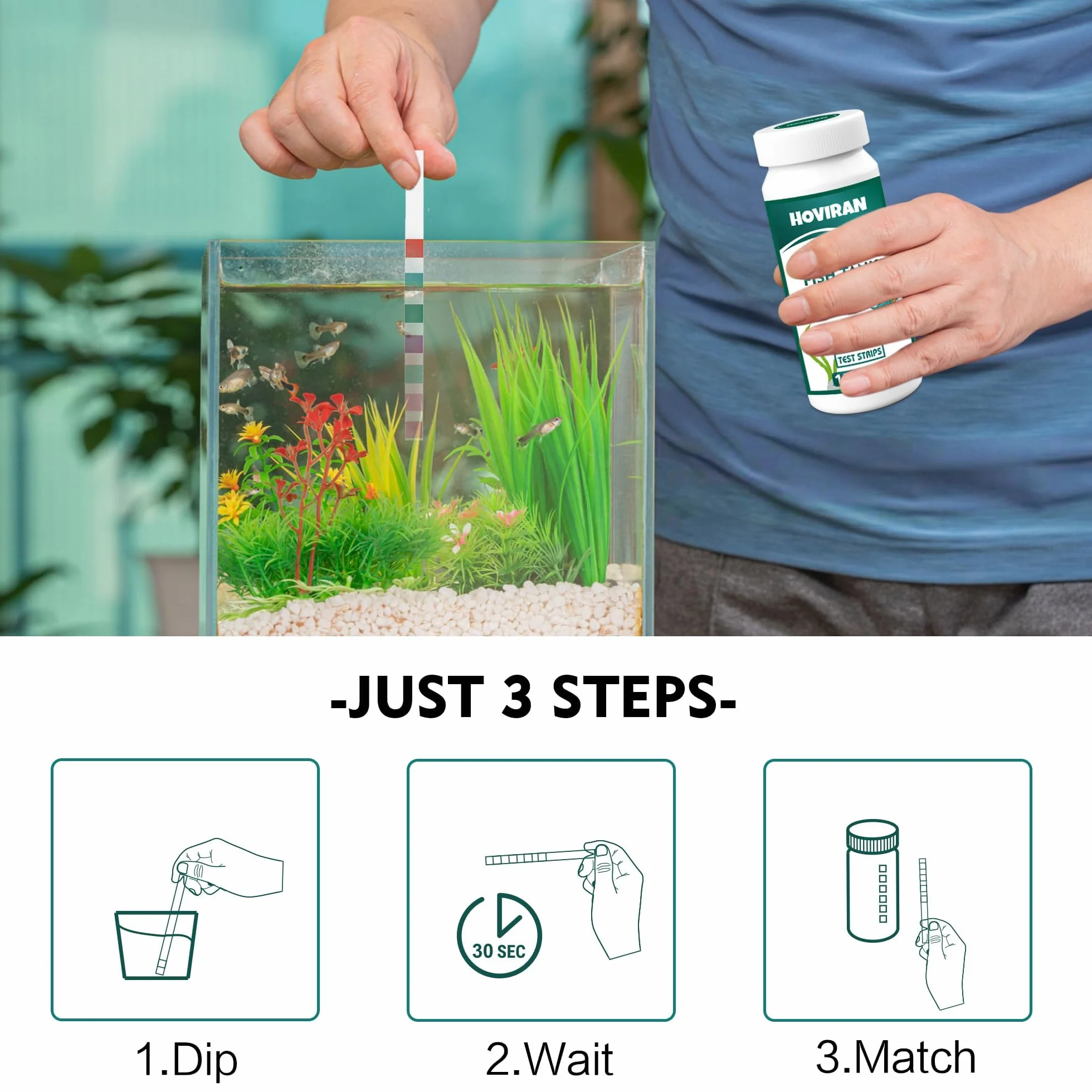 Bandelettes de test pour aquarium 7 en 1, 125 pièces, kit d'analyse d'eau douce et salée, chlore, dureté totale, carbonate, alcalinité, nitrate