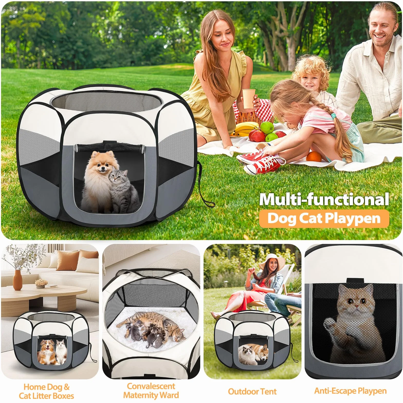 Parc pour Chien Pliable Portable avec Sac Rangement, Enclos pour Chat Chiot Petits Animaux Interieur Exterieur, Tissu Oxford Beige White 110x110x60cm