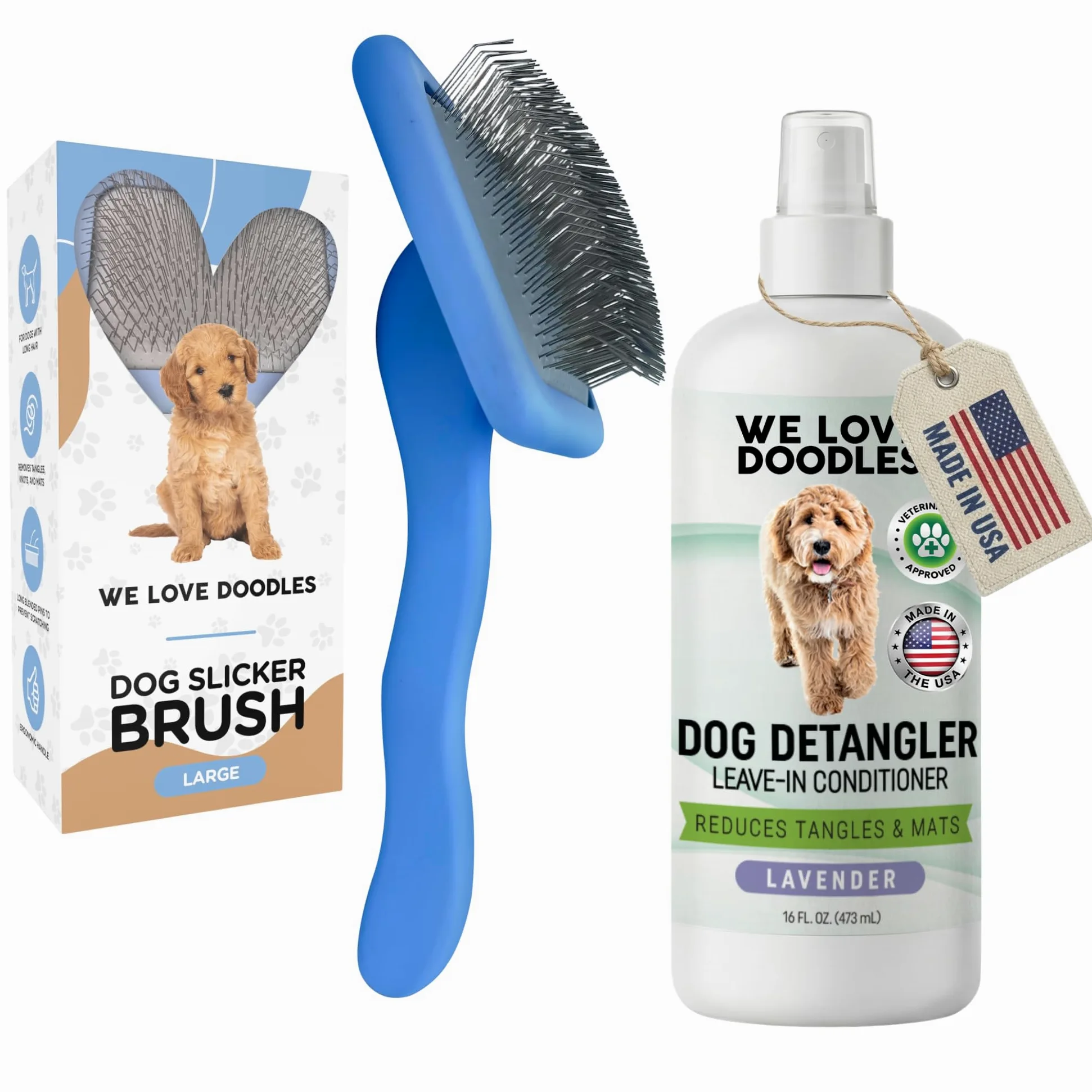 We Love Doodles Grande brosse démêlante pour chien - Lavande - Brosse pour chiens à poils longs, dorés, démêlant et après-shampoing sans rinçage pour chiens, 473,6 g