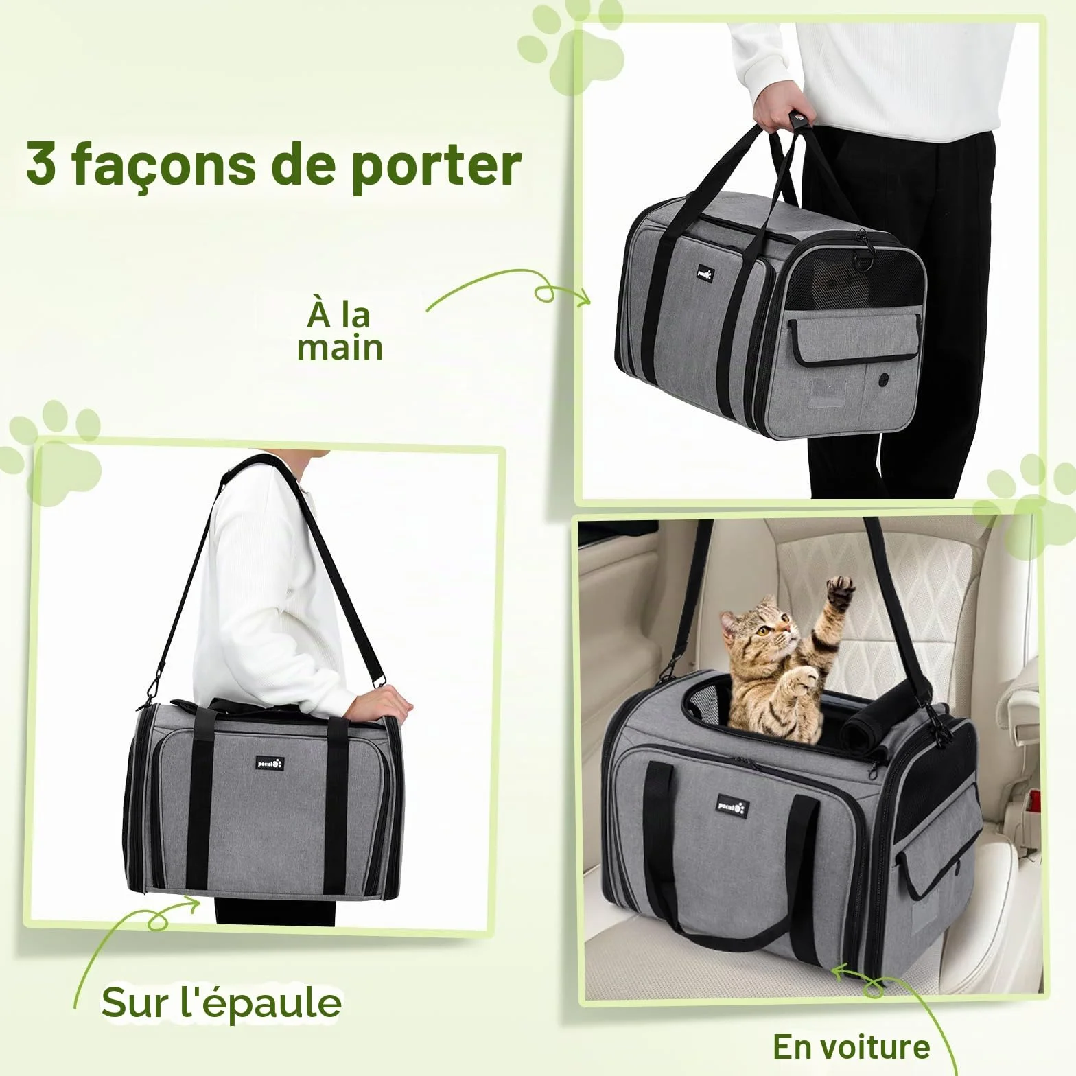 Pecute Sac de Transport Chat Extensible Grand Caisse Pliable Respirant pour Chats Chiens avec Bandoulière Réglable Bol