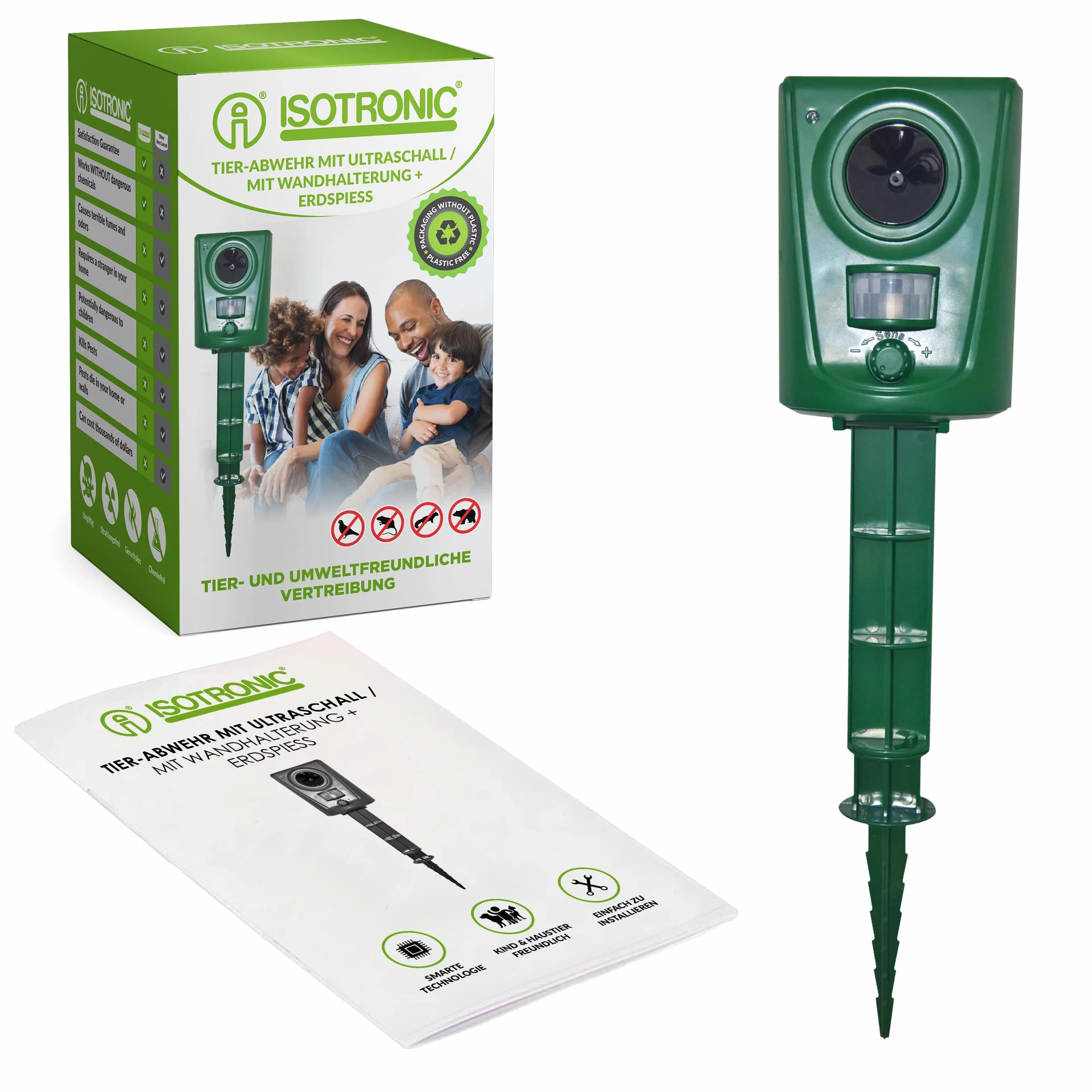 ISOTRONIC Répulsif ultrasonique pour Animaux Anti-Chats à Piles avec Piquet de Sol Portée 10 m