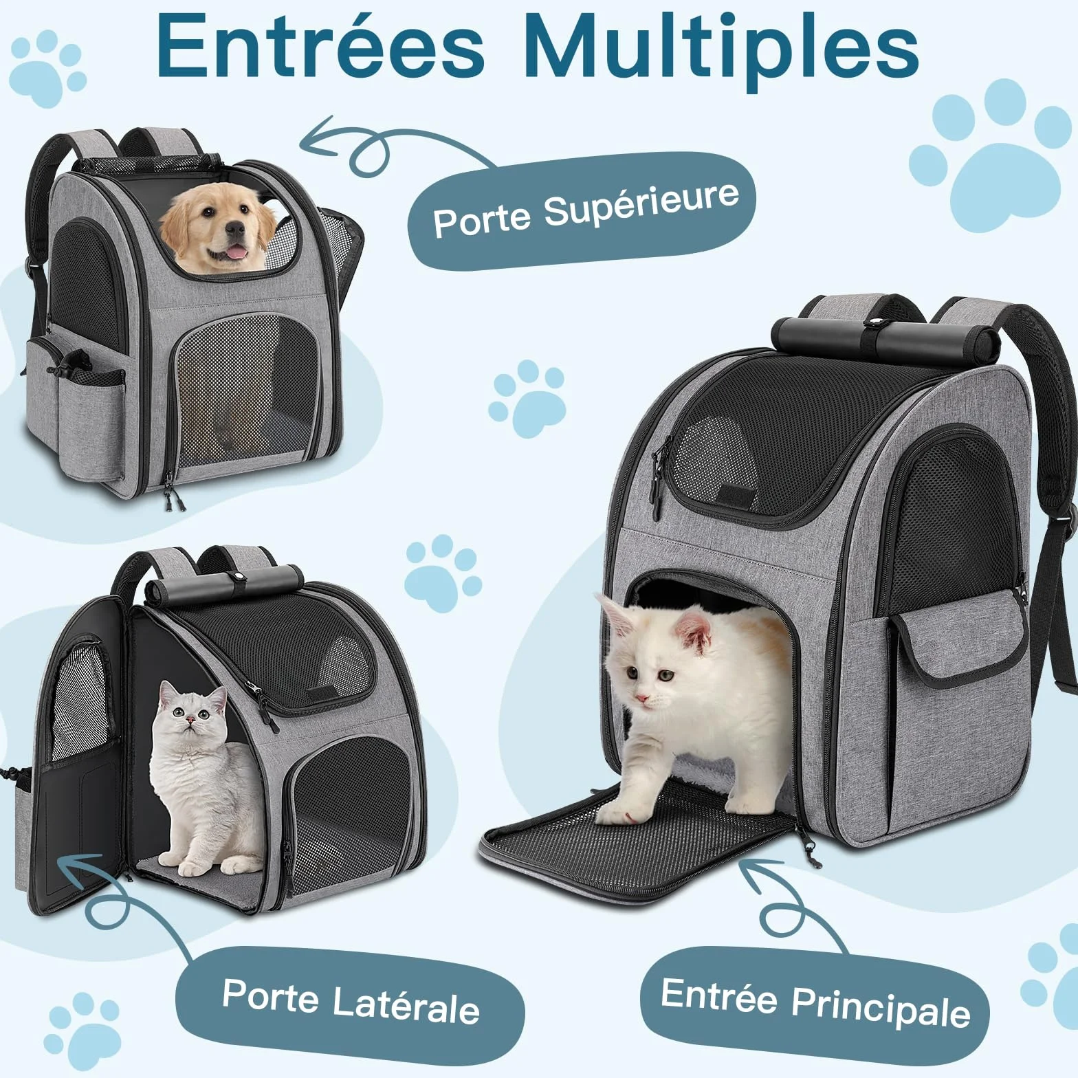 Sac à Dos Chat Chien 10kg Transport avec Fenêtre en Maille, Laisse et Tapis Intégrés Gris