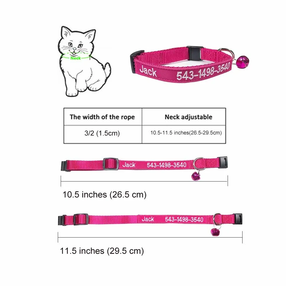 Collier personnalisé pour chat avec cloche et boucle de sécurité, nom brodé