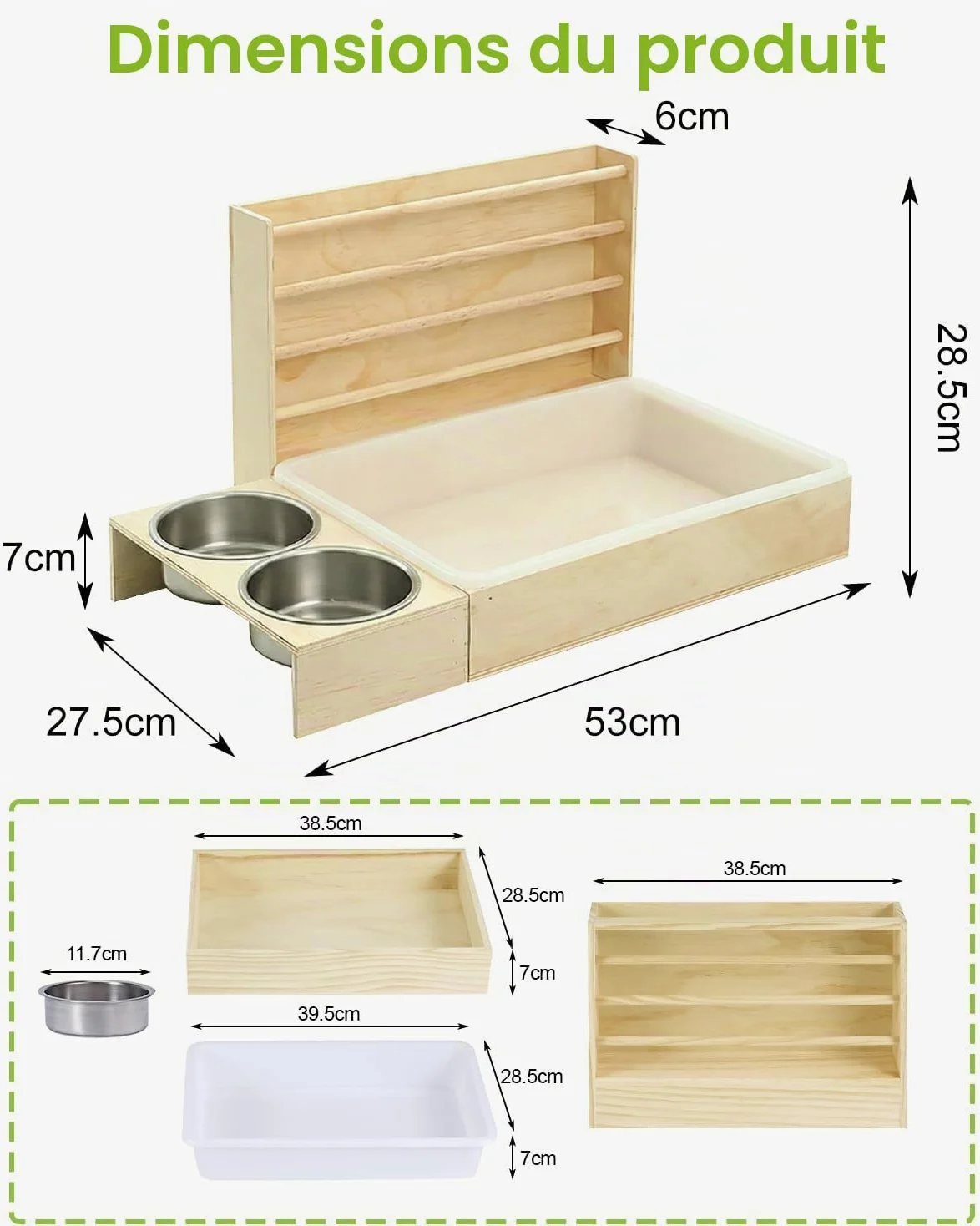 Mangeoire à Foin pour Lapin avec 2 Gamelles, 4 en 1 Couleur Bouleau | Distributeur de Nourriture en Bois, pour Lapins, Cochons d'Inde, Chinchillas, Lapins et Autres Petits Animaux 54x36,5x28 cm