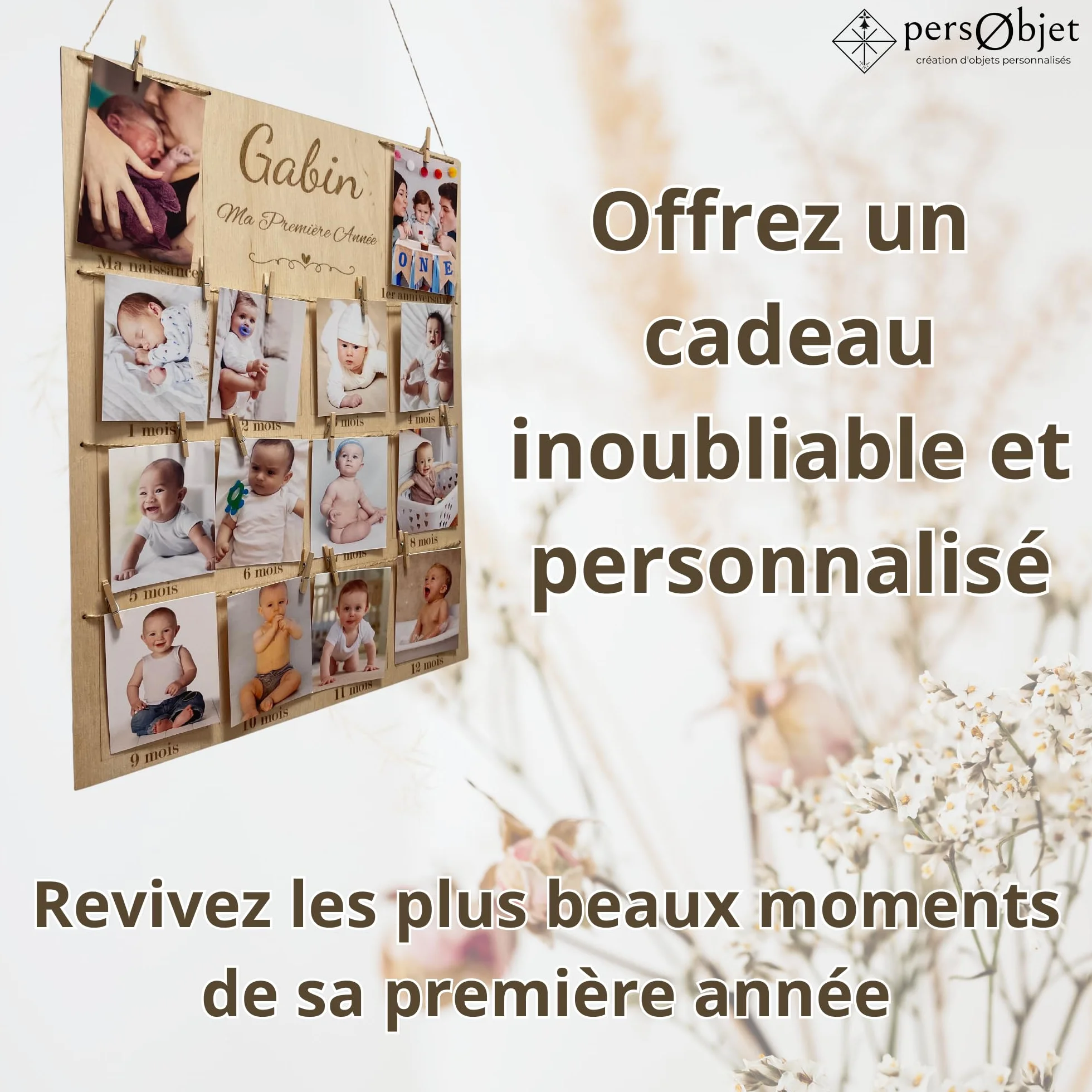 Cadre Photos Pêle-Mêle en Bois Personnalisé - Souvenirs Première Année Bébé - Décoration Chambre Enfant