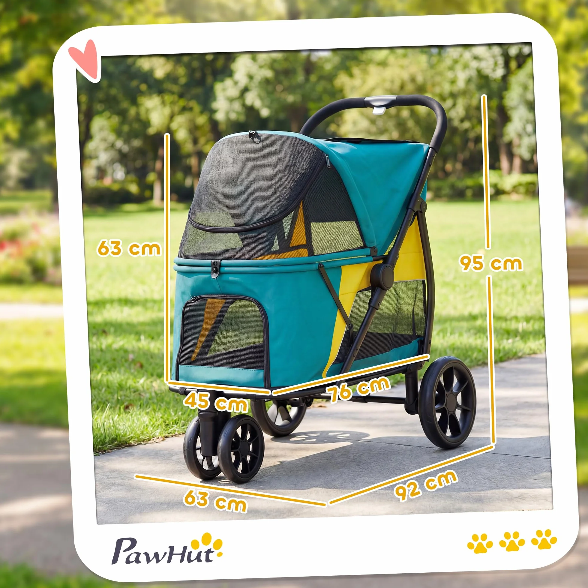 PawHut Poussette pliable pour chien jusqu'à 20 kg avec coussin lavable, fenêtre en filet, 3 roues, porte, poche arrière, poussette pour animaux de compagnie de petite et moyenne taille, vert foncé